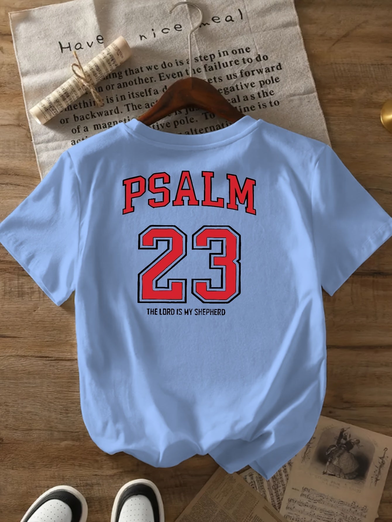 Black with Red Lettering Psalm 23:5 Print Women's Casual T-Shirt - Comfortable Crew Neck, Short Sleeve, Classic Summer Top for Casual Attire, Faith Inspired Apparel | Durable Casual wear, Ladies T Shirts