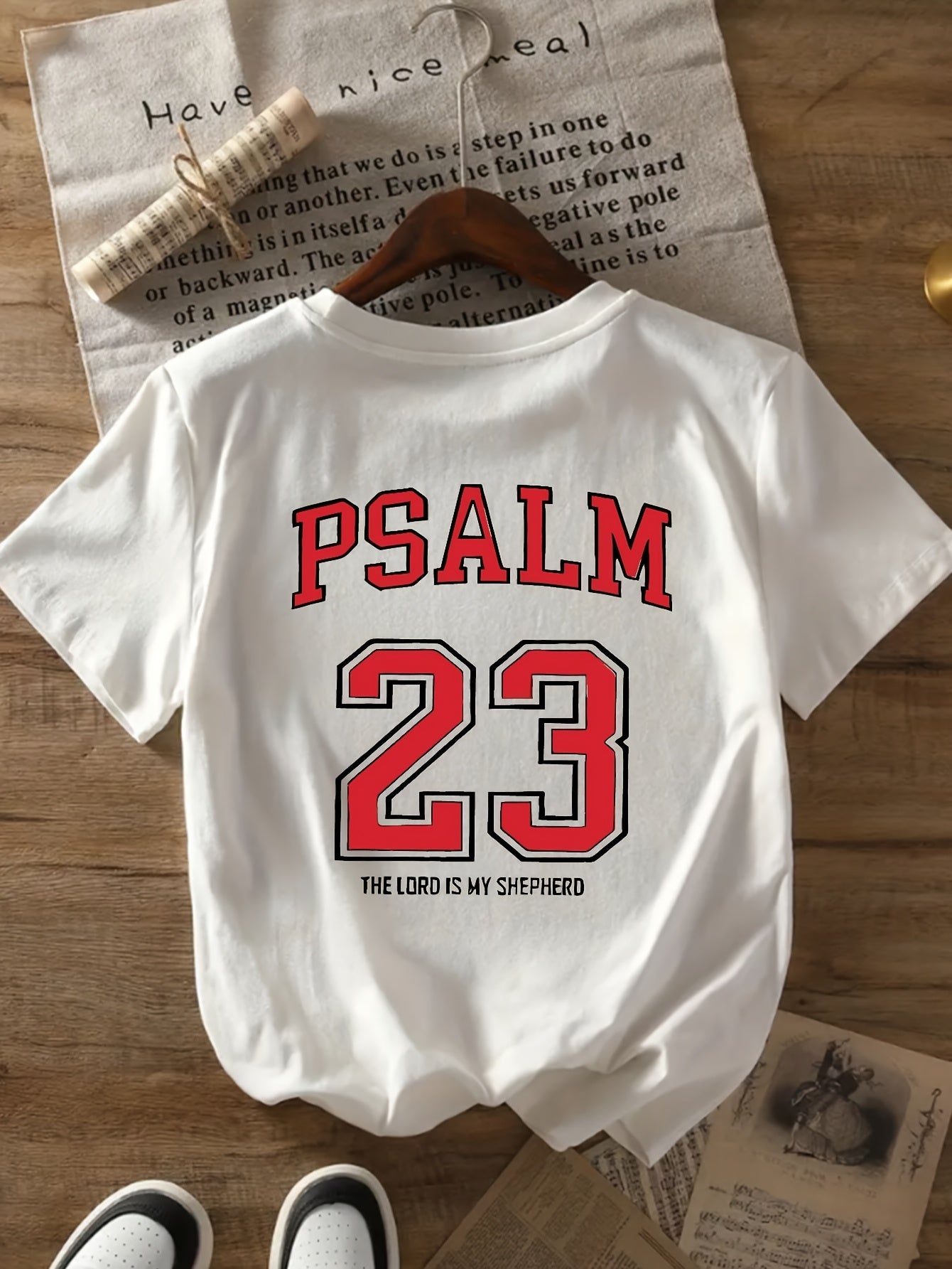 Black with Red Lettering Psalm 23:5 Print Women's Casual T-Shirt - Comfortable Crew Neck, Short Sleeve, Classic Summer Top for Casual Attire, Faith Inspired Apparel | Durable Casual wear, Ladies T Shirts