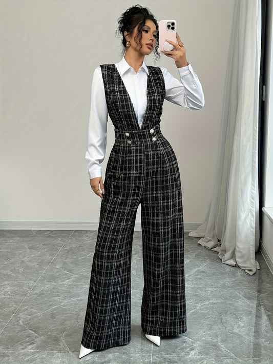 Women's Elegant Pearl Button-Decorated Wide-Leg Pants with Pockets LX629