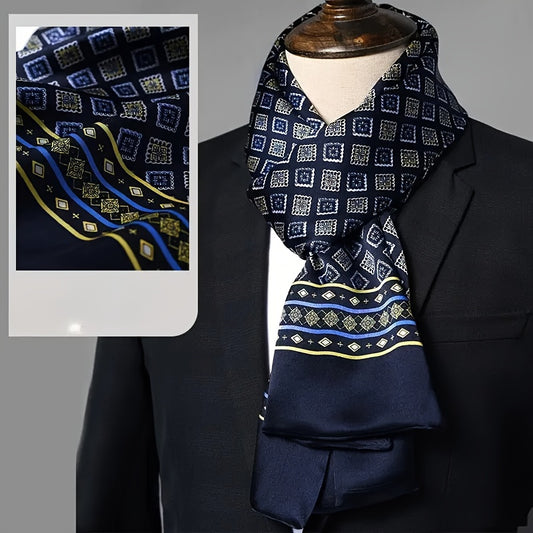 Luxurious Navy Blue Scarf for Men with Golden and Yellow Geometric Patterns - Elegant Business Style, Perfect for Casual Attire and Suit Matching