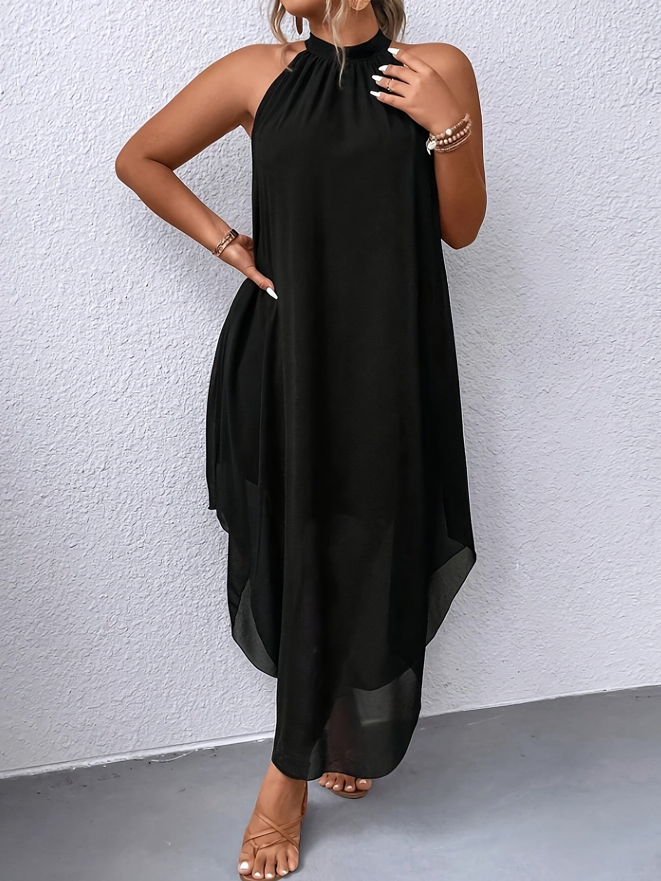 Mock Neck Asymmetrical Hem Halter Dress, Elegant Sleeveless Loose Simple Dress For Spring & Summer, Women's Clothing