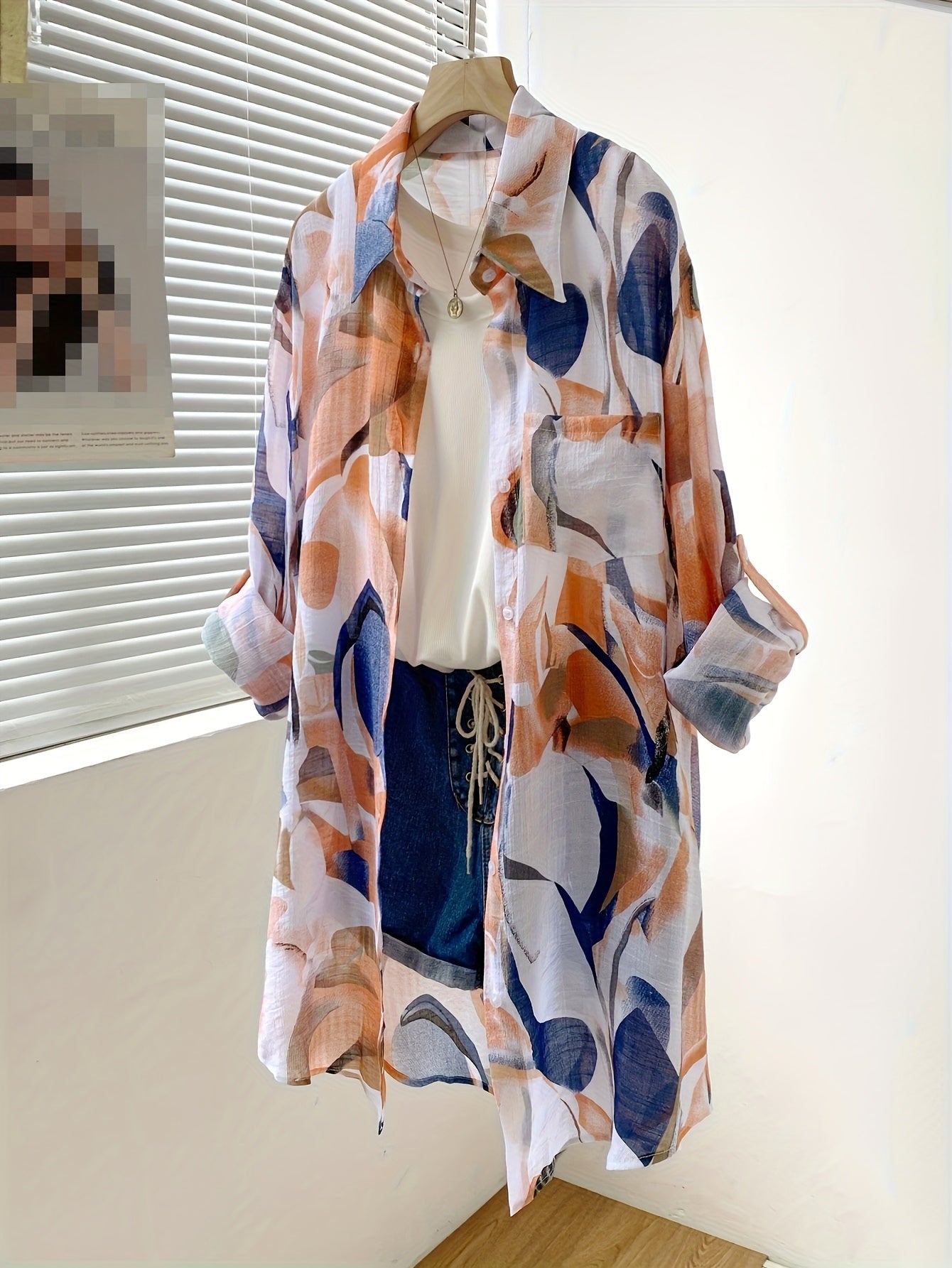 Women's All-Season Casual Elegant Blouse - Lightweight Semi-Sheer Geometric Print Long Sleeve Shirt, Loose Fit Collar Button-Up Cardigan Style Top for Outdoor & Leisure Wear, Collar Design, Breathable Fabric, Delicate Texture