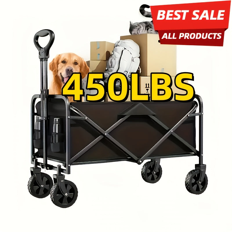 1pc 30" Heavy-Duty Collapsible Shopping Cart with All-Terrain Wheels - Foldable Utility Wagon for Beach, RV Storage, Sports, and Camping, Black Mesh & Durable Fabric Construction, Beach Wagon Cart