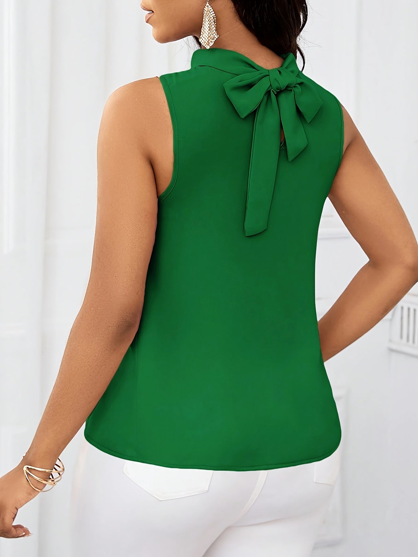 100% Polyester Solid Color High Neck Sleeveless Top - Lace-Up Detail, Woven Fabric, 120g/m², Regular Length, All-Season Wear