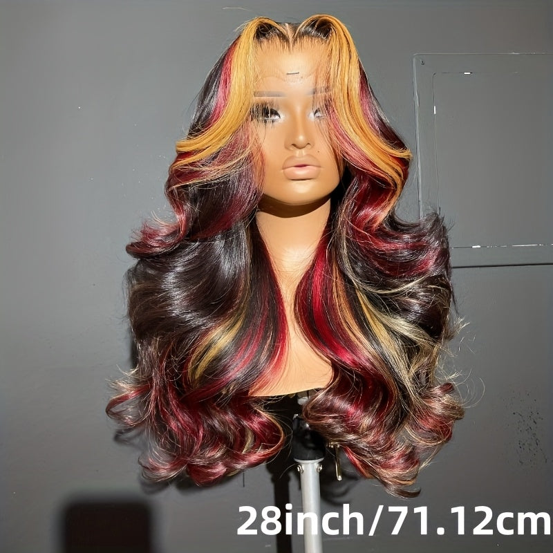 13x4 HD Lace Front Wig with Blonde & Red Highlights - Body Wave Synthetic Hair 180% Density Pre-Plucked Glueless 28 Inch Natural Look for Women All Ethnicities, Versatile Hairpiece | Elegant Hairpiece