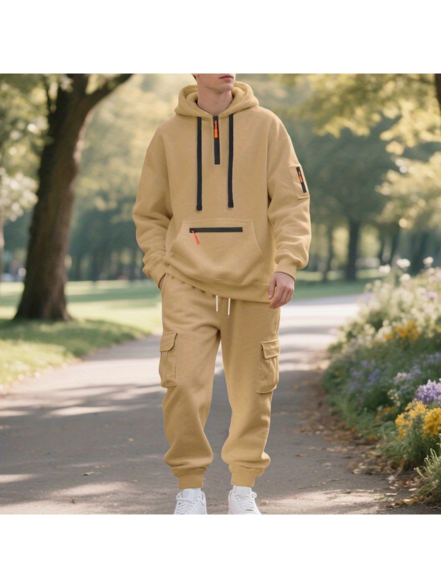 1 Set 2pcs Men's Athletic Casual Tracksuit - Fleece Lined Hooded Long Sleeve Pullover Sweatshirt & Pocketed Sports Pants, Warm Fleece Lining with Breathable Fabric, Perfect for Daily Wear, Outdoor Activities, Home Leisure - M