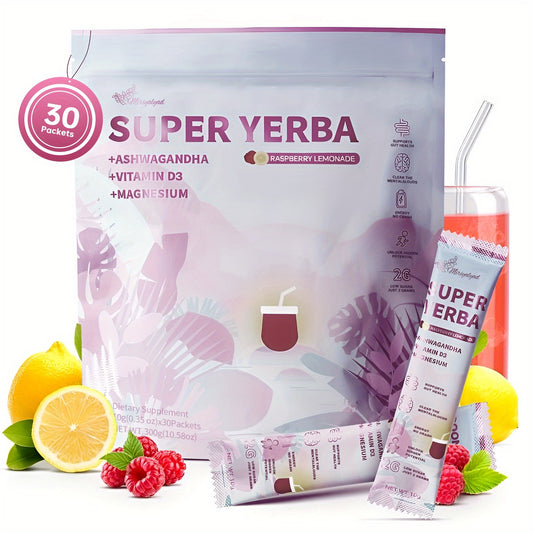 60/90packets SUPER YERBA Mainly Contains Indian Ginseng, Vitamin D3, And Magnesium, Supports Health, Low Sugar, Paspberry Lemonade Flavor, Dietary Supplement, Net Weight Of 300g (10.58oz) | Vitamins And Supplement | Local War