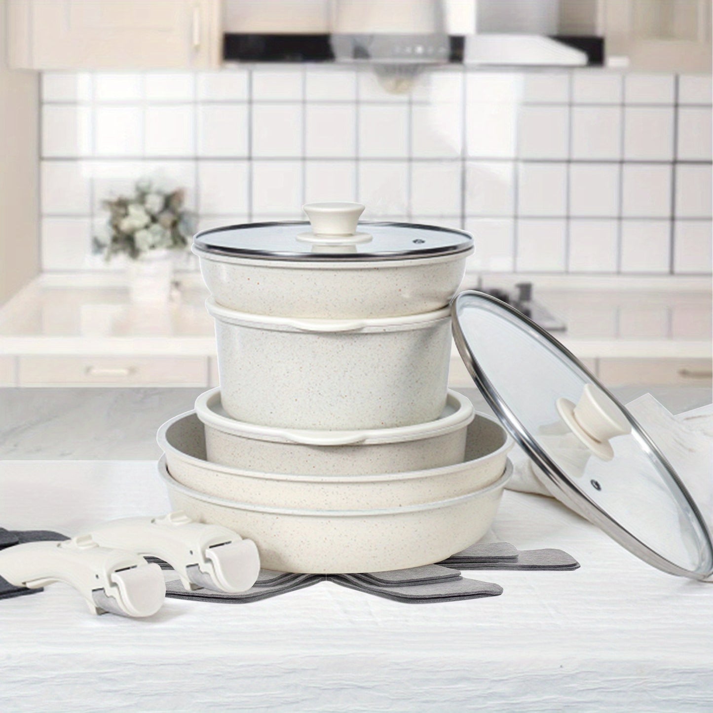 15 Pcs Pots and Pans Set, Non Stick Kitchen Cookware Set, Detachable Handle Nonstick Induction Cookware Cooking Sets with Removable Handle, Cookware Set, White