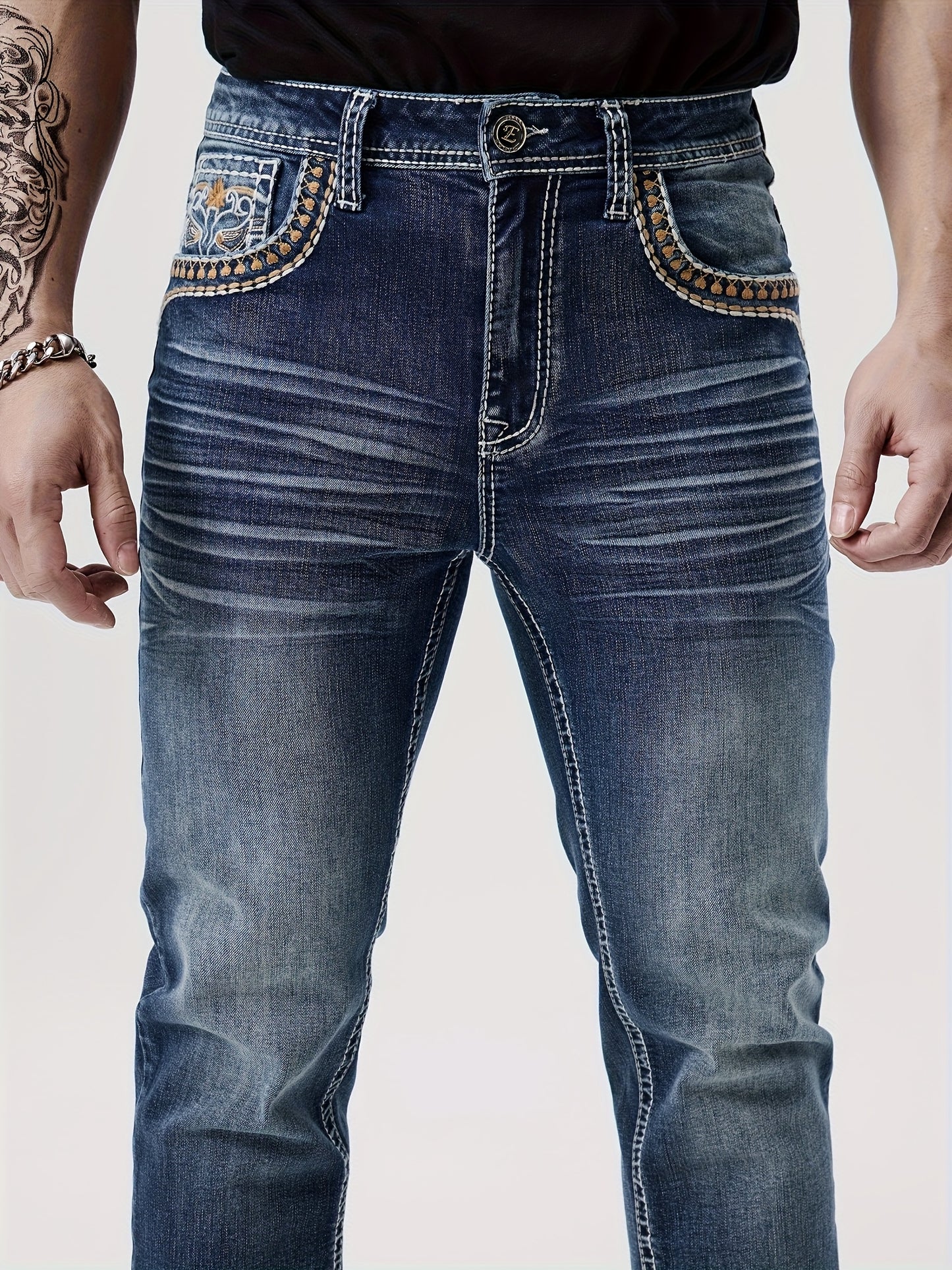 Men'S ESDVQ Embroidered Denim Jeans - Stretchy, All-Season, Casual Straight Leg Jeans With Brown Boots, Casual Attire | Embroidered Jeans | Casual Fit Jeans