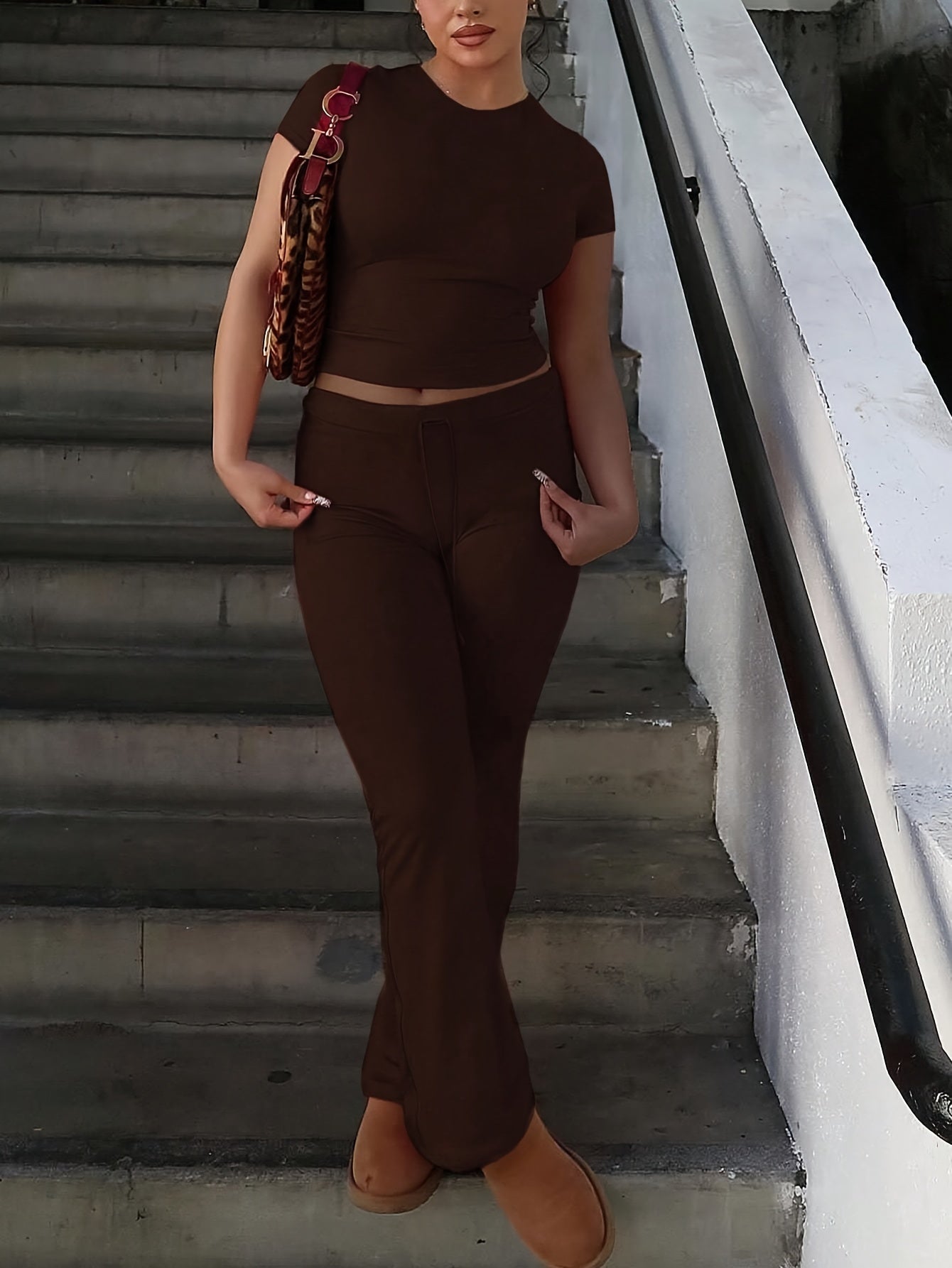 Maroon Women's Two-Piece Set: Short Sleeve Crop Top & High-Waisted Wide-Leg Pants - Cozy Fleece Loungewear with Drawstring Waist, Soft & Comfortable for Casual Home Wear, All-Season Wear, Loungewear Set|Casual Style|Soft Flee