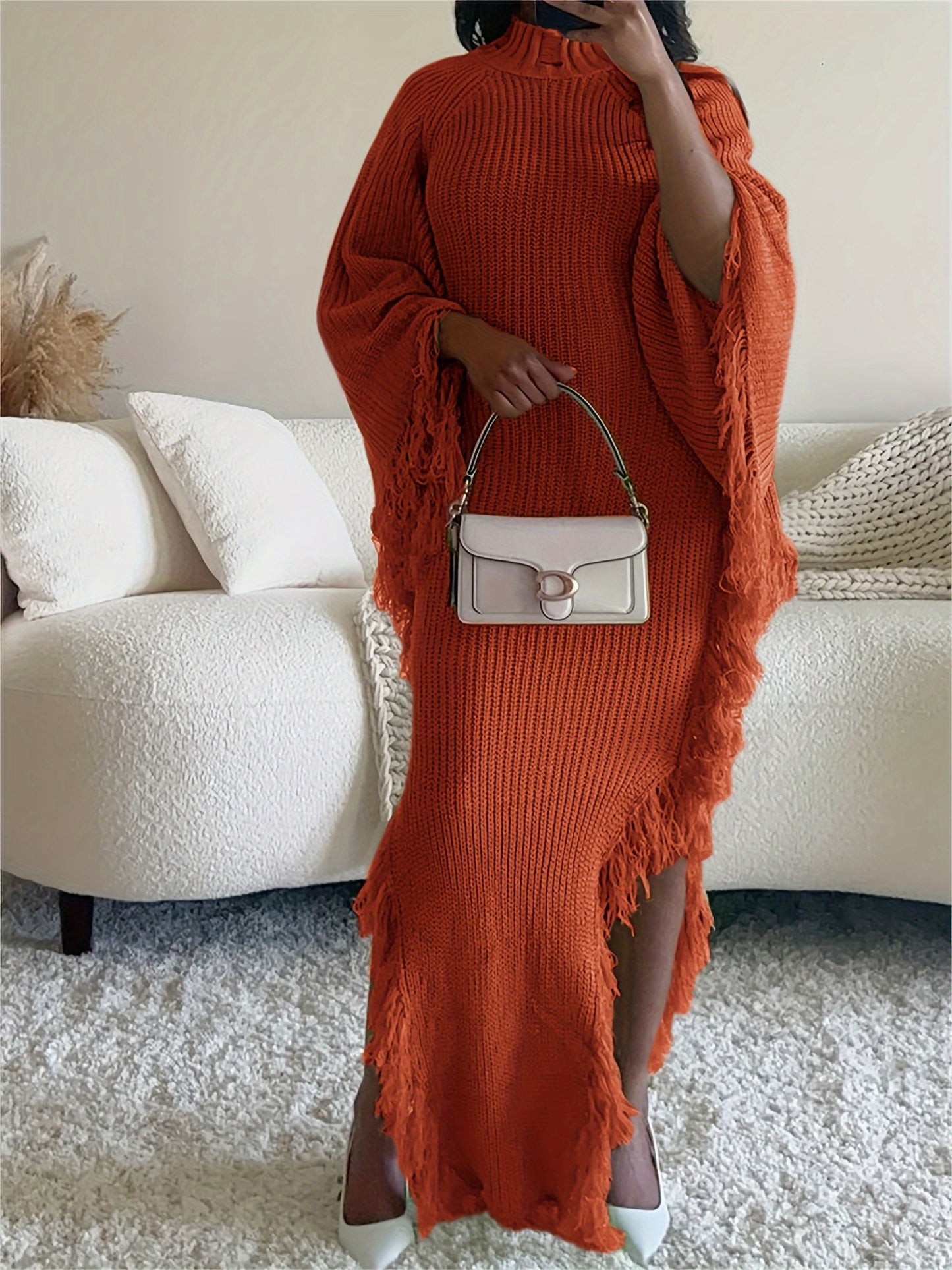 Fringe Trim Sweater Dress For Women, Batwing Long Sleeve High Neck Maxi Dress With Asymmetrical Hem, Sexy And Chic Style, For Fall Winter