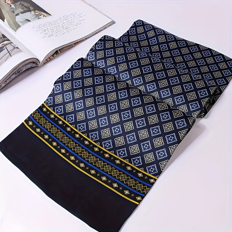 Luxurious Navy Blue Scarf for Men with Golden and Yellow Geometric Patterns - Elegant Business Style, Perfect for Casual Attire and Suit Matching