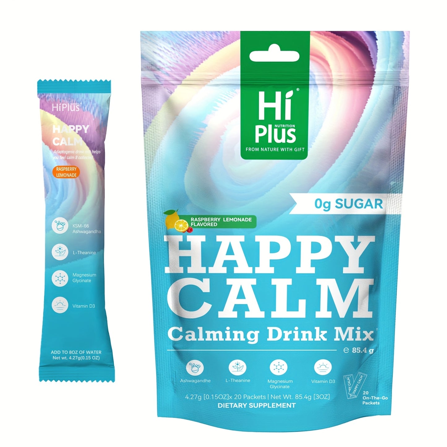 HiPlus Calm Super Powdered Drink Mix, Raspberry Lemonade, L Theanine, Ksm-66 Ashwagandha, Magnesium Glycinate, Vitamin D 3, Supplement for Relaxation And Concentration, Sugar-Free, On-the-Go, 20 Ct-Calming Magnesium Calming P