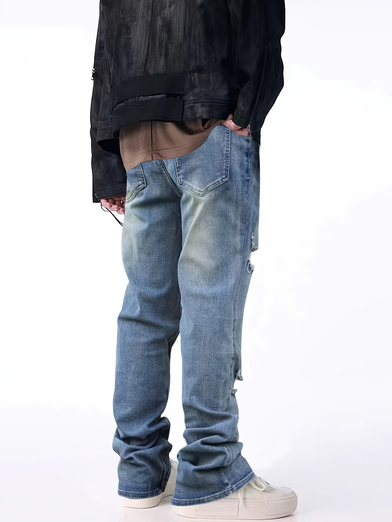 Men's Loose Straight Ripped Jeans - Men's Blue Stretch Micro Flared Pants, Leg Zipper, Washed Gradient Design, Mid to High Waist, Stylish Street Split, All-Season Jeans