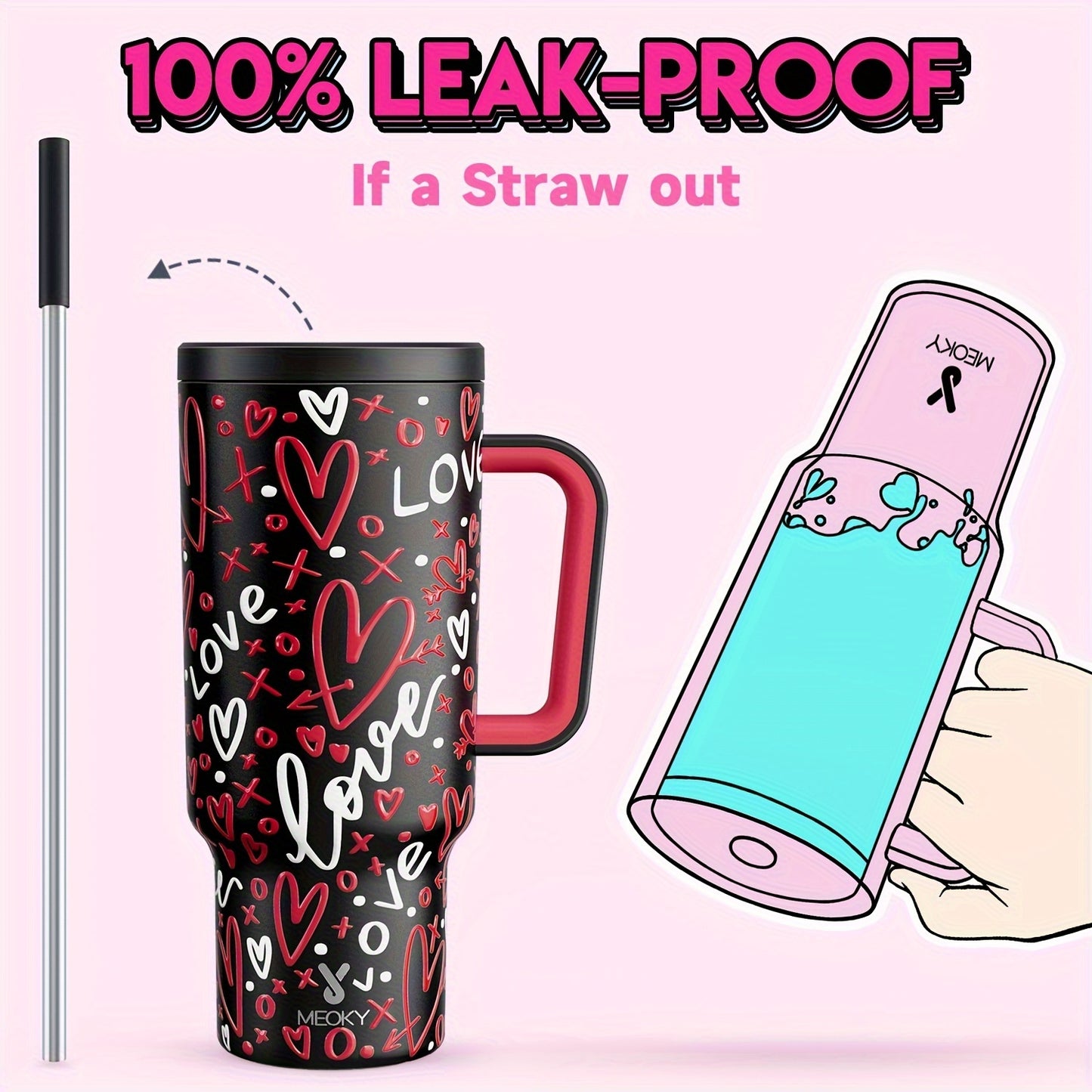 Meoky 40oz Insulated Stainless Steel Tumbler with Lid & Straw - Leakproof, BPA-Free, Perfect for Outdoor Adventures & Valentine's Day Gift