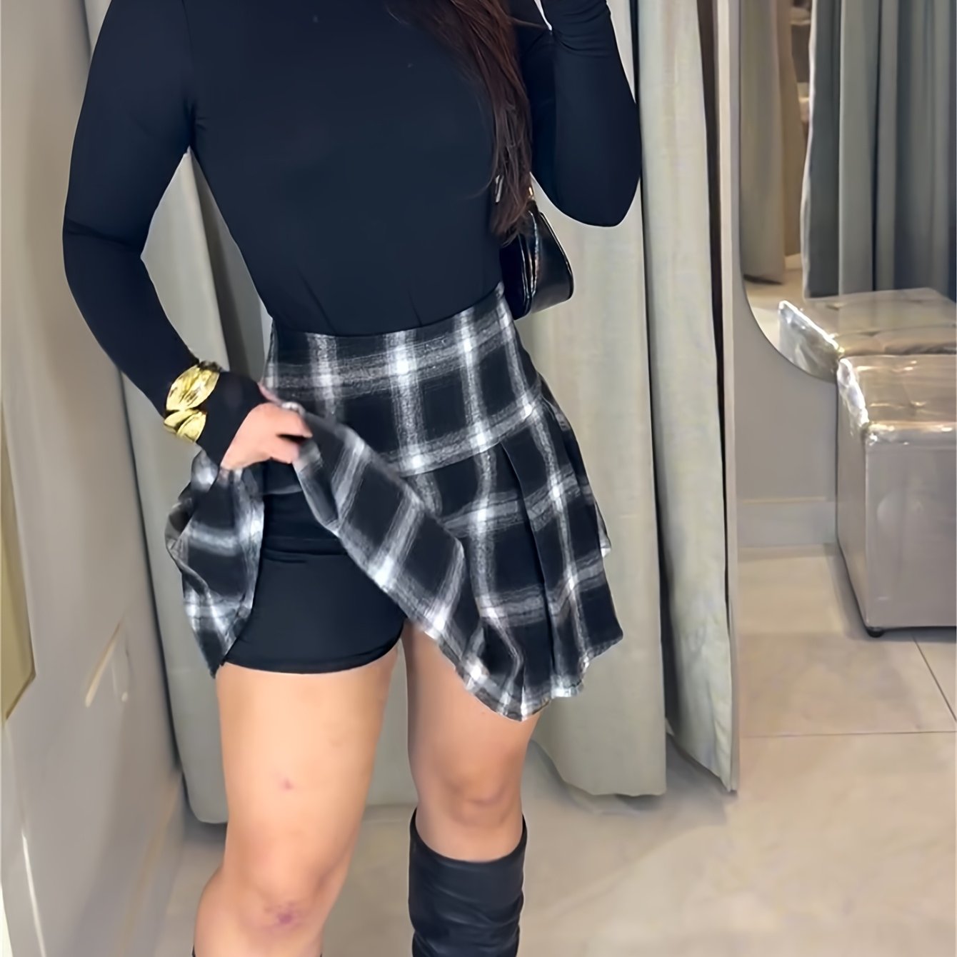 High Neck Long Sleeve Open Back Jumpsuit and Casual Plaid Print Pleated Skirt Set
