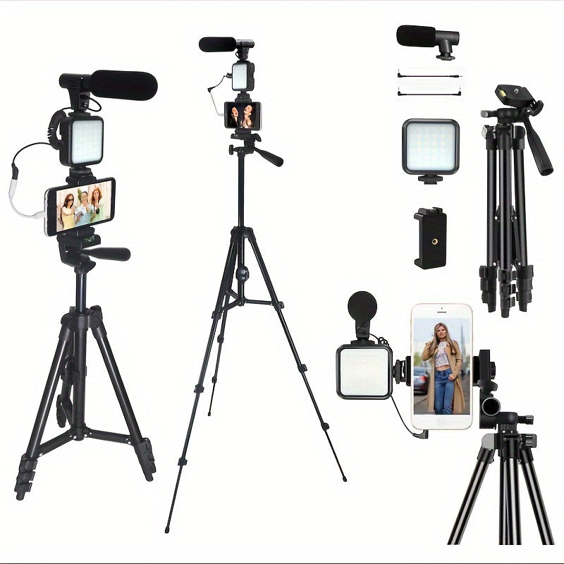 Complete, Portable Vlogging Kit: Streamer's Choice - Tripod, Pocket Light, Beauty Fill Light, Microphone - Ideal for Live Streaming & Photography, USB Connection, Black