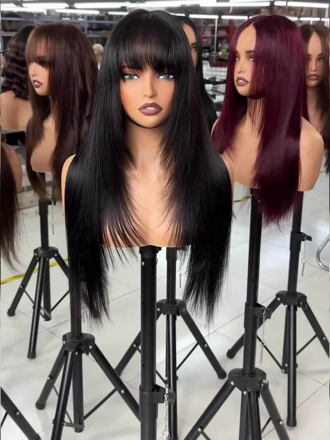 Long Straight Layered Wig with Bangs Glueless Natural Black Synthetic Bangs Wig 26 Inch Put On and Go Wigs High Temperature Fiber Pixie Cut Layered Wig for Women Daily Use
