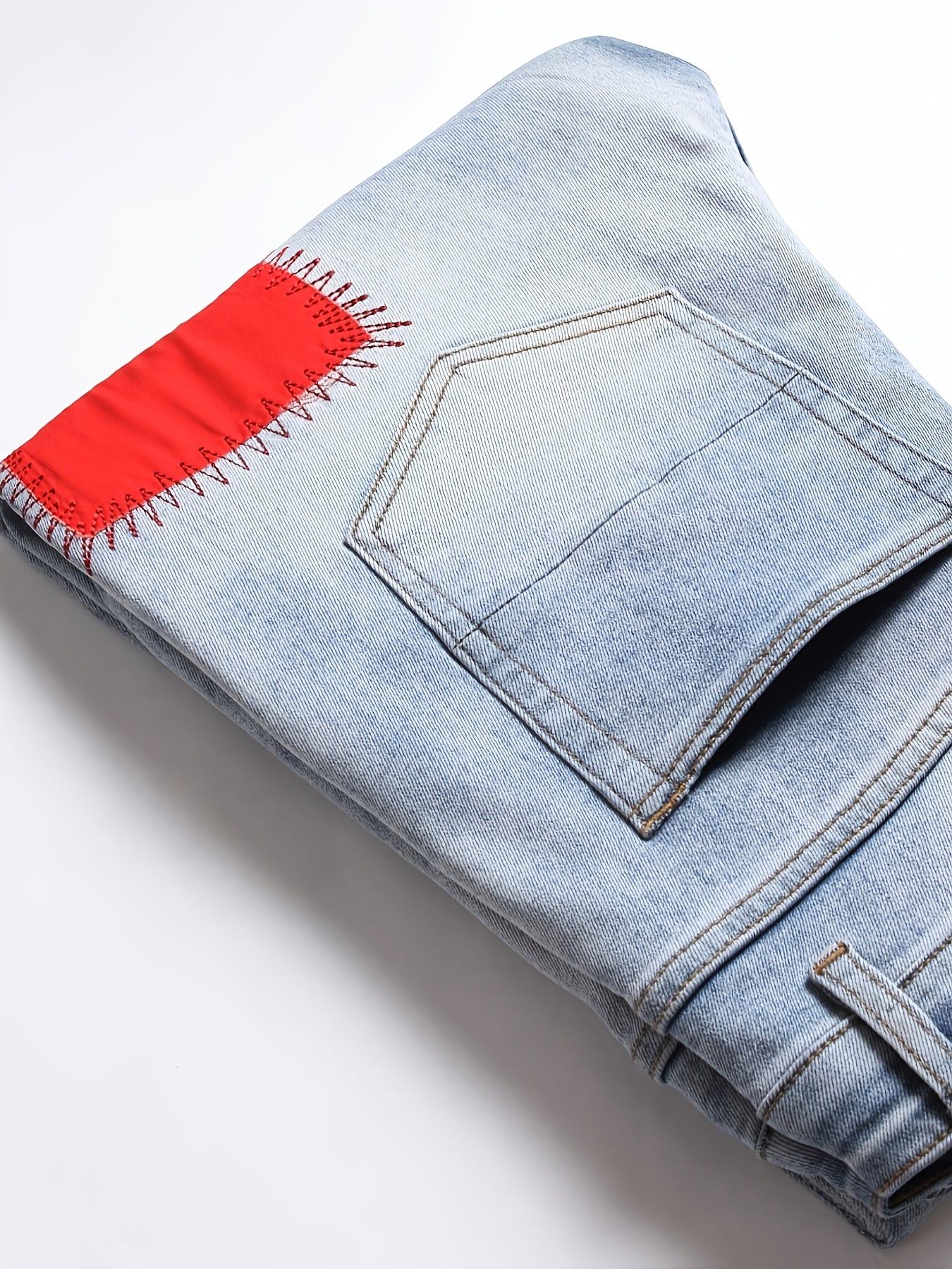 Men's Slim Fit Fashion Small Foot Embroidered Jeans Colorful Tape Stretch Washed Blue Trousers