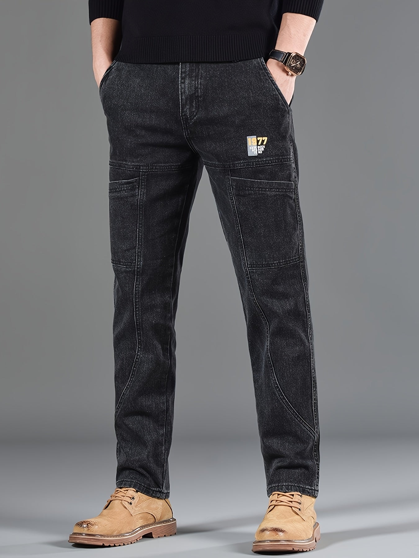 Men'S Small Straight Tube Style Fashionable Printed Six Pocket Design Micro Elastic Denim Pants
