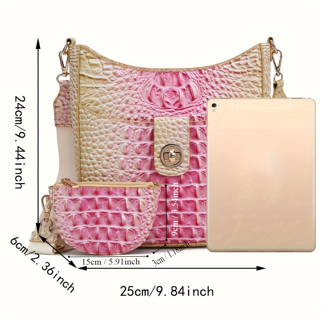 Elegant women's cross-body bag, fashionable color crocodile pattern cross-body bag, wide shoulder strap removable two-piece women's bag, safety zipper bag with coin purse
