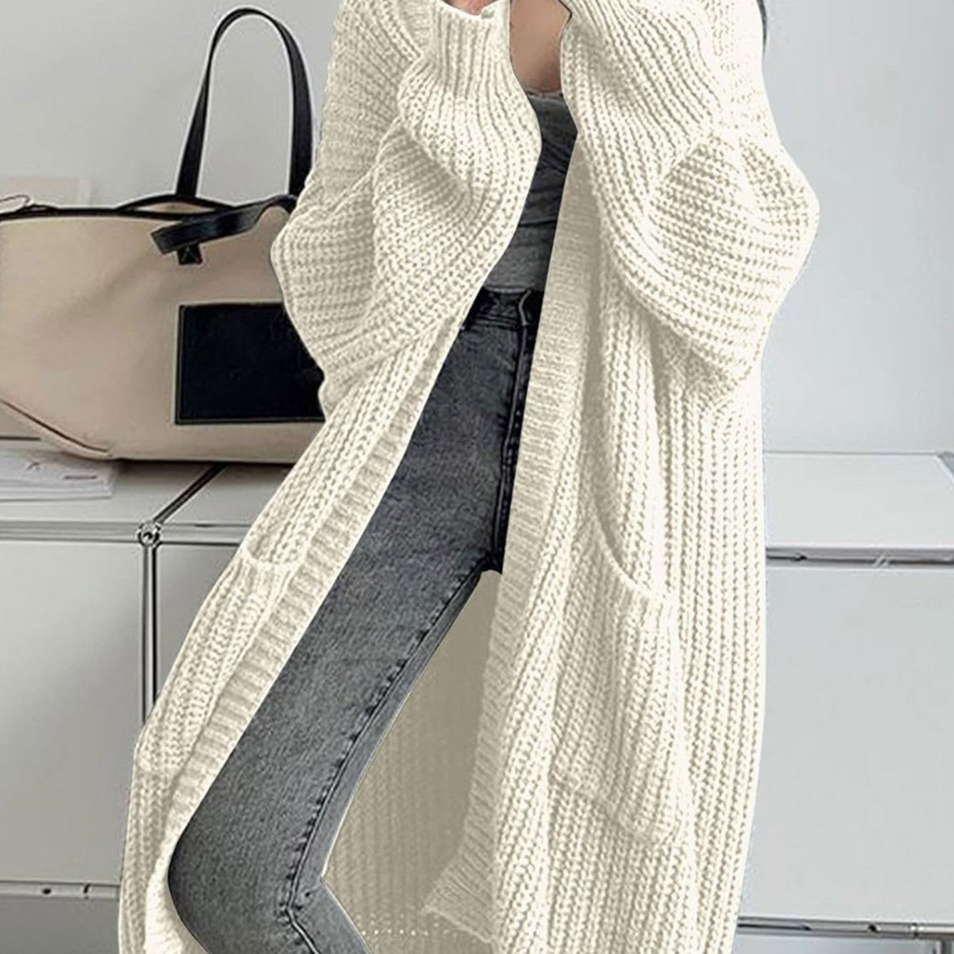 2025 Women'S Casual Long Sleeve Open Front Sweaters with Pockets in Plain Rib for Autumn, Long Cardigan For Women, Women'S Cardigan, Winter Clothe For Women, Fall Clothe For Women, Top For Women