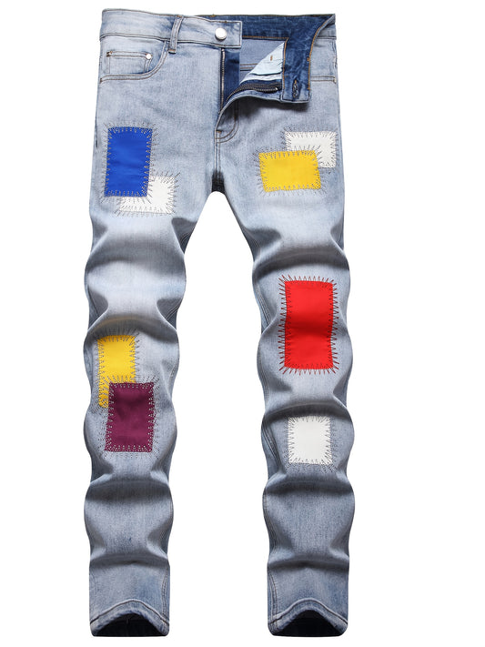 Men's Slim Fit Fashion Small Foot Embroidered Jeans Colorful Tape Stretch Washed Blue Trousers