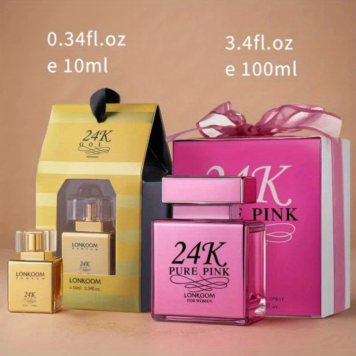 2pcs LONKOOM Long-Lasting Eau De Parfum for Women - Floral-Fruity & Sweet Fruity Fragrance, 3.4fl.oz + 0.34fl.oz Travel-Size, Luxury Gift Box with Pink Ribbon, Perfect for Daily Wear, Office, Travel, Birthday, Mother’s Day