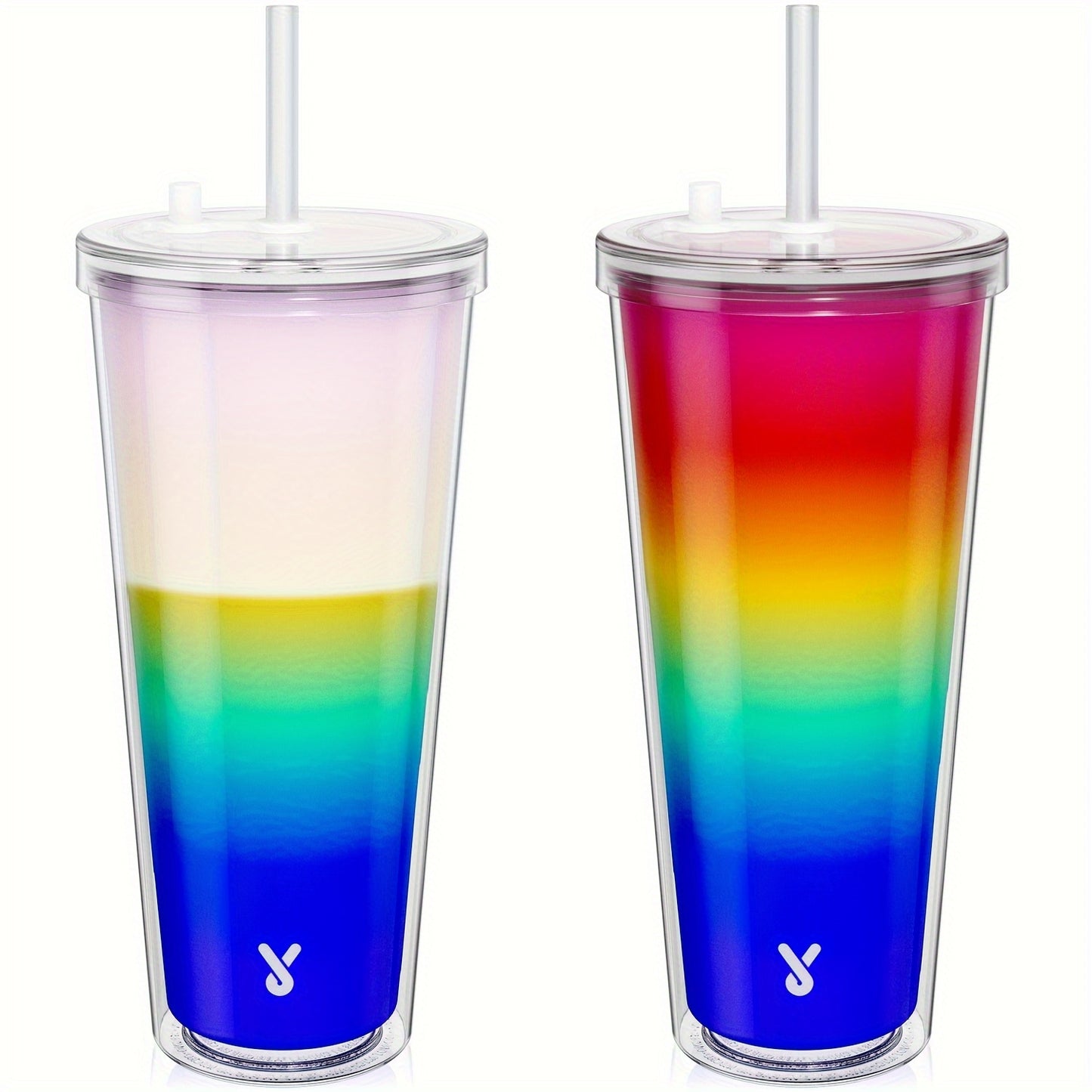 Meoky 24oz Double Wall Rainbow Color Changing Cup with Lid & Straw - BPA-Free, Lightweight, Reusable Plastic Tumbler for Iced Coffee, Parties, Pool Days - Add Cold Liquid Below 67°F to Reveal Magical Rainbow Colors