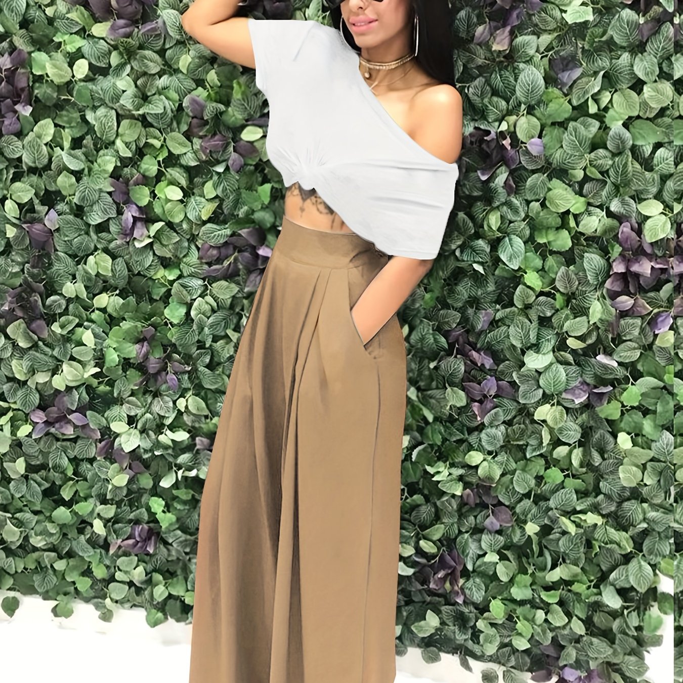 Loose Straight Flare Pants, Casual Pocket High Waist Solid Wide Leg Fashion Comfy Pants, Women's Clothing