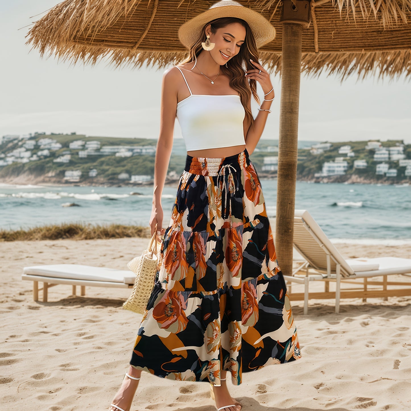 3pcs Women'S Beach Fashion Set, Sun Hat, Beach Hat, Beach Bag, Handbag, Earrings, Ear Jewelry, Women's, Suitable For Outdoor Beach Travel Scenarios.