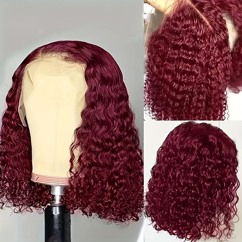 13x4 Burgundy Deep Wave Lace Front Wig - 250% Density, 100% Brazilian Virgin Human Hair, Pre-Plucked with Baby Hair, Glueless Design for Women, Wet and Wavy Look, Bye Bye Knots, Natural Red Color