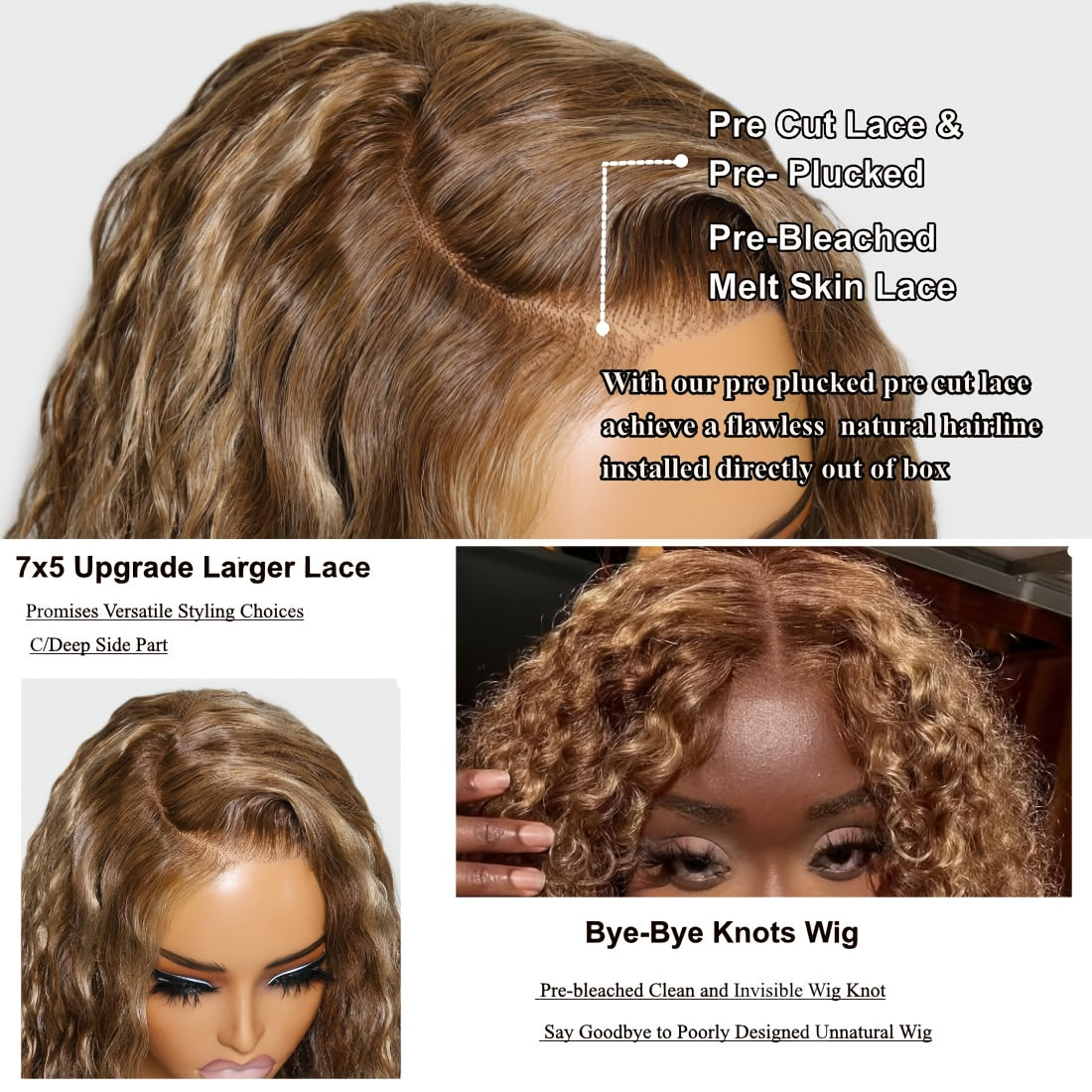 UNICE 14 Inch Honey Blonde Highlight Human Hair Bob Wigs - Invisible Knots 7x5 HD Pre Cut Lace Front, Glueless, Pre Plucked, Put On And Go - Black Friday Christmas Gifts