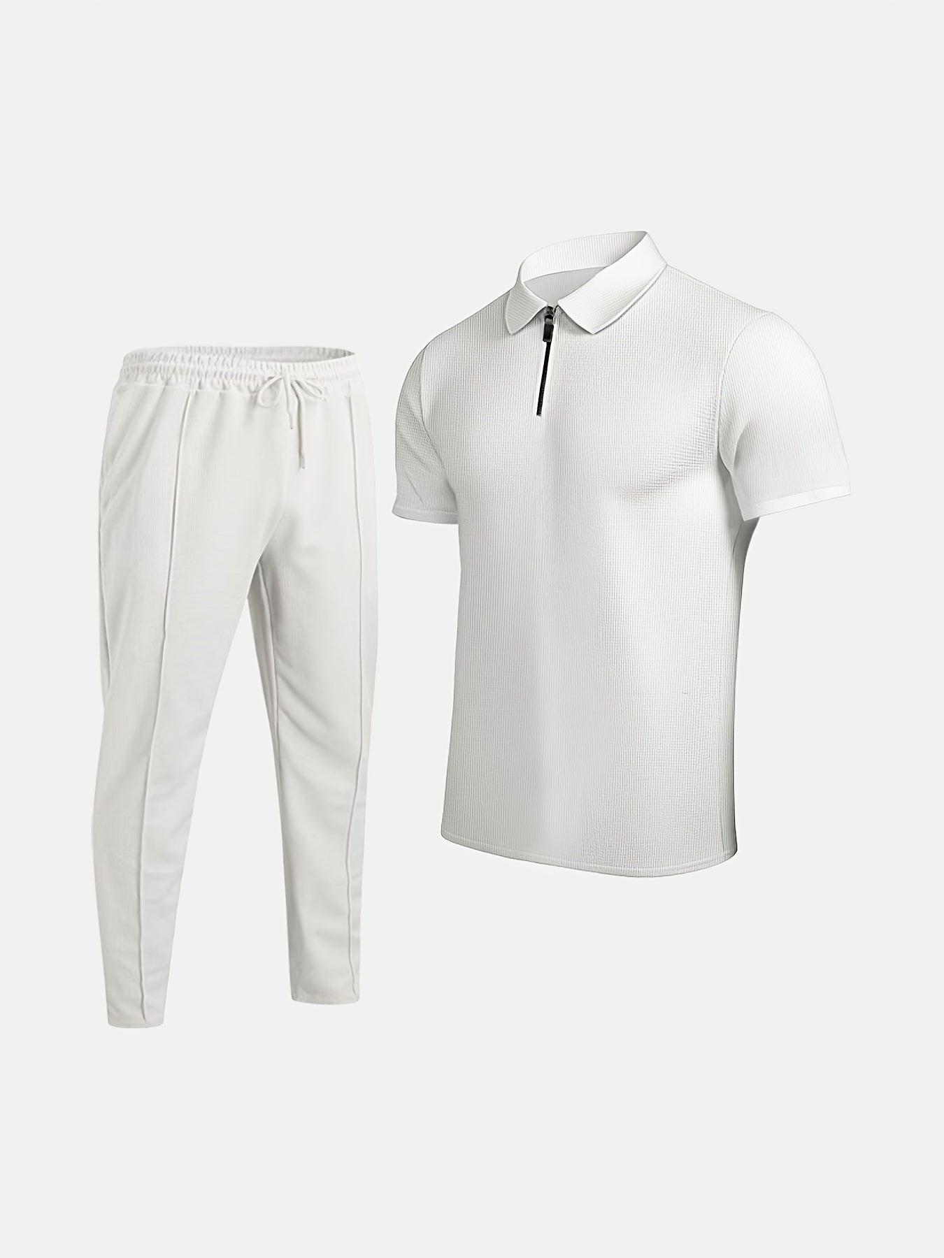 Men's Waffle Texture Lapel Shirt And Pants Set - Polyester Short Sleeved Shirt, Zipper Access, Elastic Drawstring Waist Straight Leg Pants 5 Colors Suitable For Spring, Summer, Autumn, Beach, Outdoor Activities, Daily Wear, S