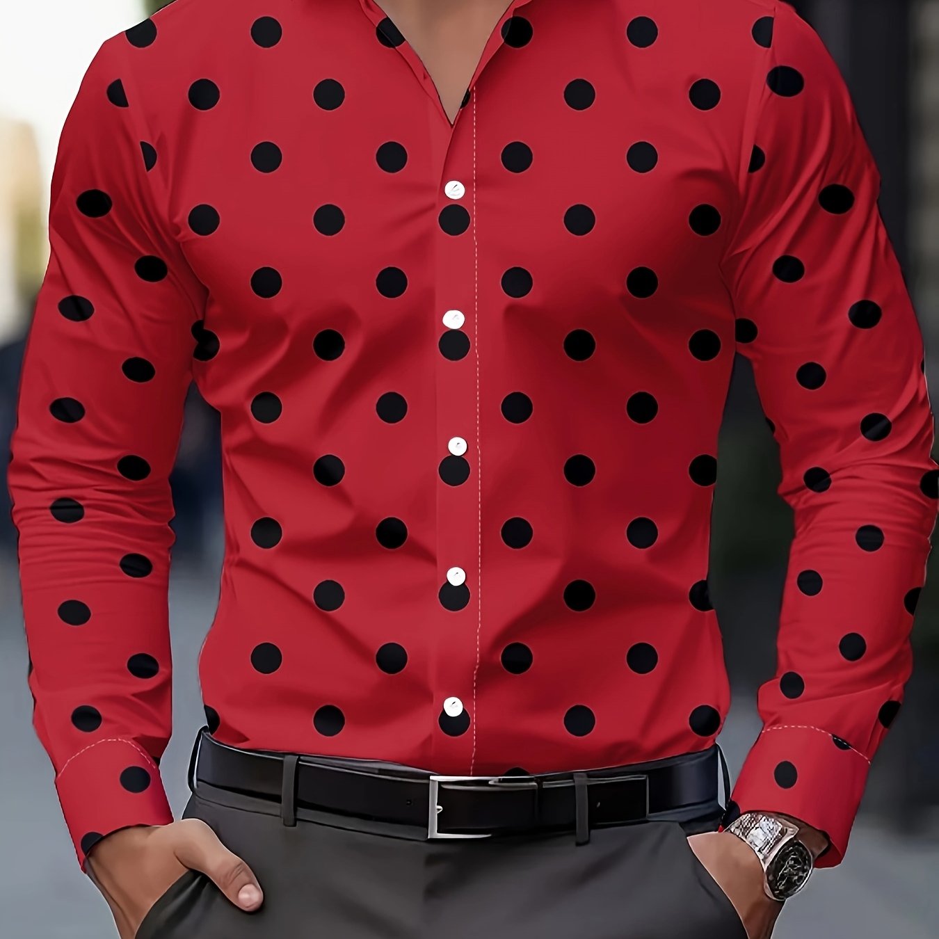 [Men's Casual Shirt] Men's Casual Shirt - Red & Black Polka Dot Print, Machine Washable Non-Elastic Fabric, Classic Button Front, Regular Fit Long Sleeve for Spring/Autumn Outdoor & Casual Wear, Seasonal Fashion, Straight Sle