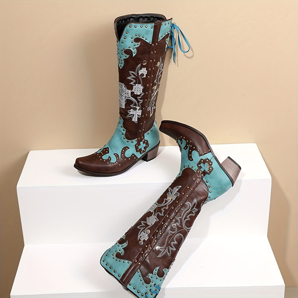 [Vintage Floral Cowboy Boots] Vintage Floral Embroidered Women's Knee-High Cowboy Boots | Square Toe Chunky Mid-Calf Heel, Turquoise & Brown PU Cover Western Boots with Rubber Sole, All-Season Casual Wear