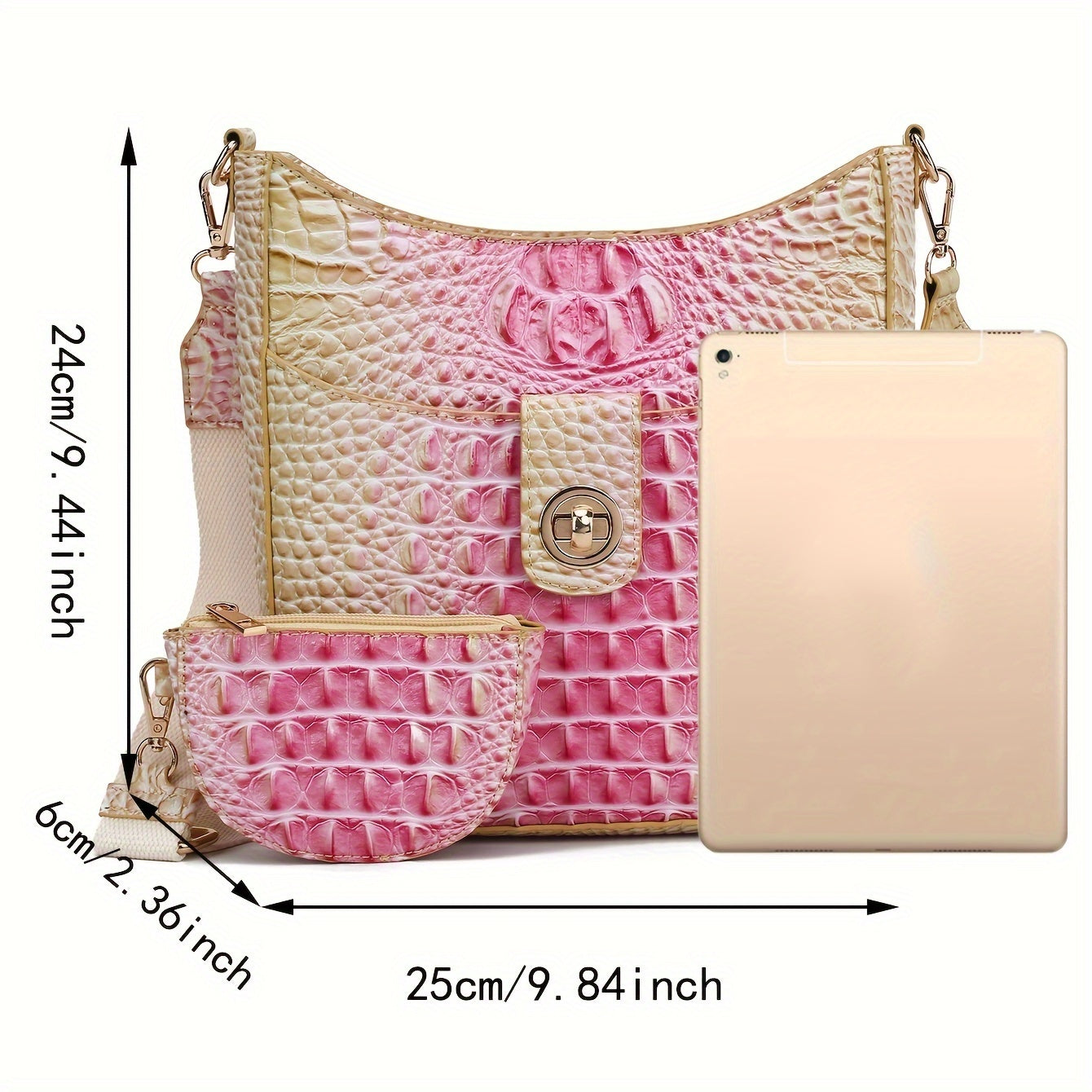 Elegant women's cross-body bag, fashionable color crocodile pattern cross-body bag, wide shoulder strap removable two-piece women's bag, safety zipper bag with coin purse