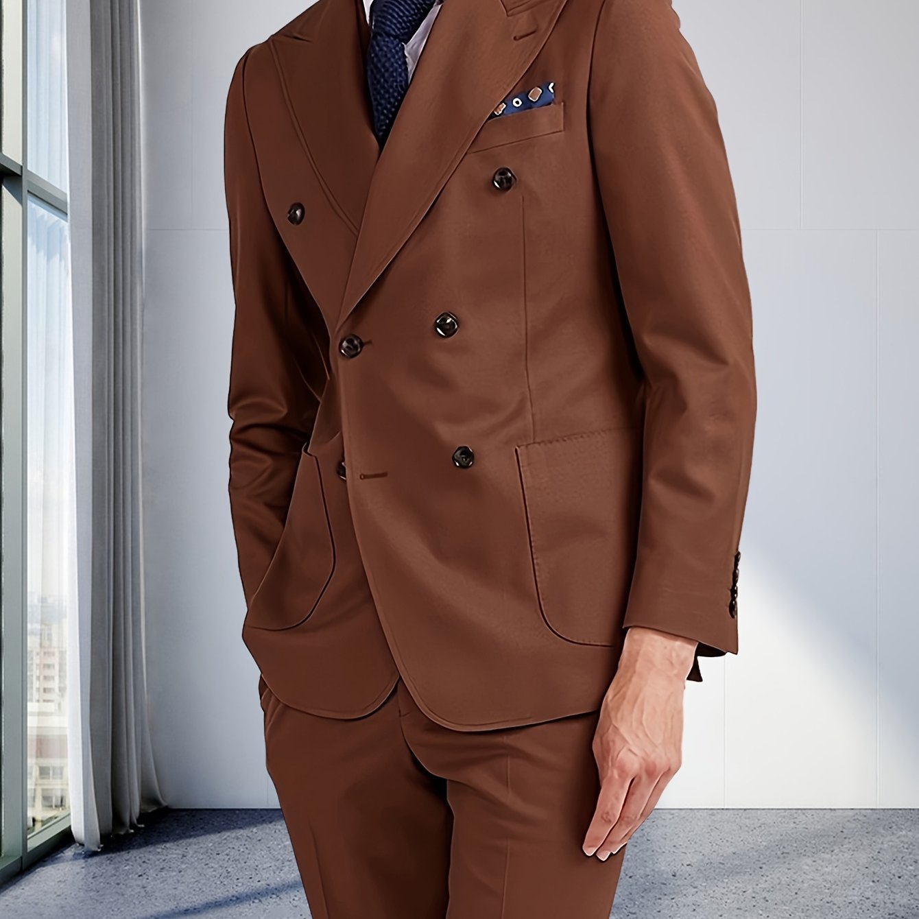 Men'S Brown Double-Breasted Blazer with Notch Lapels - Casual Business Suit for Weddings, Graduations & Parties, Solid Color, Long Sleeves, Regular Fit, Spring/Fall Wear, Wedding Attire, Classic Style, Nonstretch Fabric