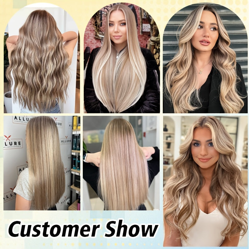 16pcs Vlasy Women's Natural Blonde Balayage Highlights Hair Extensions - Seamless Clip-In Straight Human Hair (12"-24" Lengths, Brown to Blonde Tones) - Easy Application & Damage-Free Removal, Natural Brown Base for Lighter S
