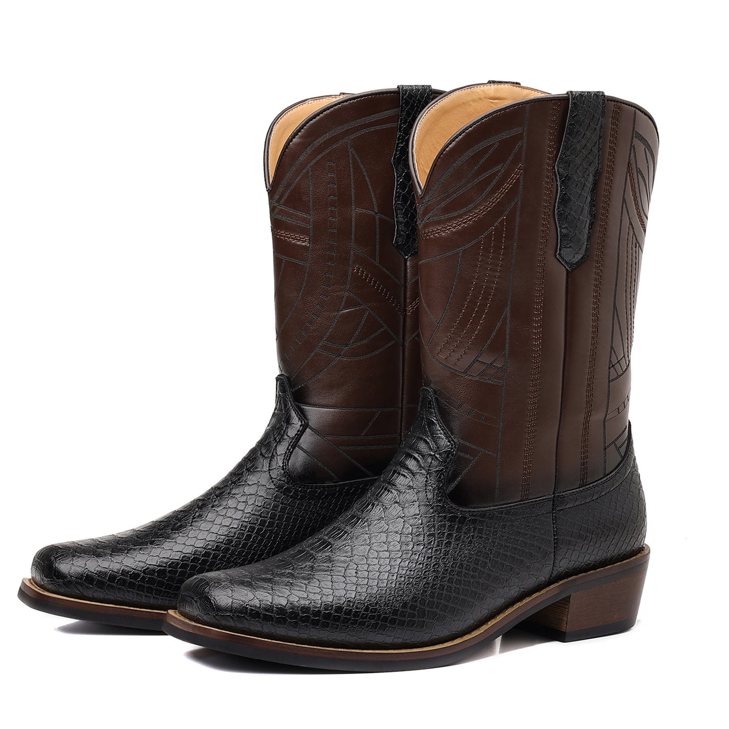 Men's Western Cowboy Boots with Imitation Snake Pattern & Wooden Heel Sole - Slip-Resistant High Heel, Pointed Toe Long Boots for Men & Women, Rustic Brown Booties for Casual & Semi-Formal Outfits