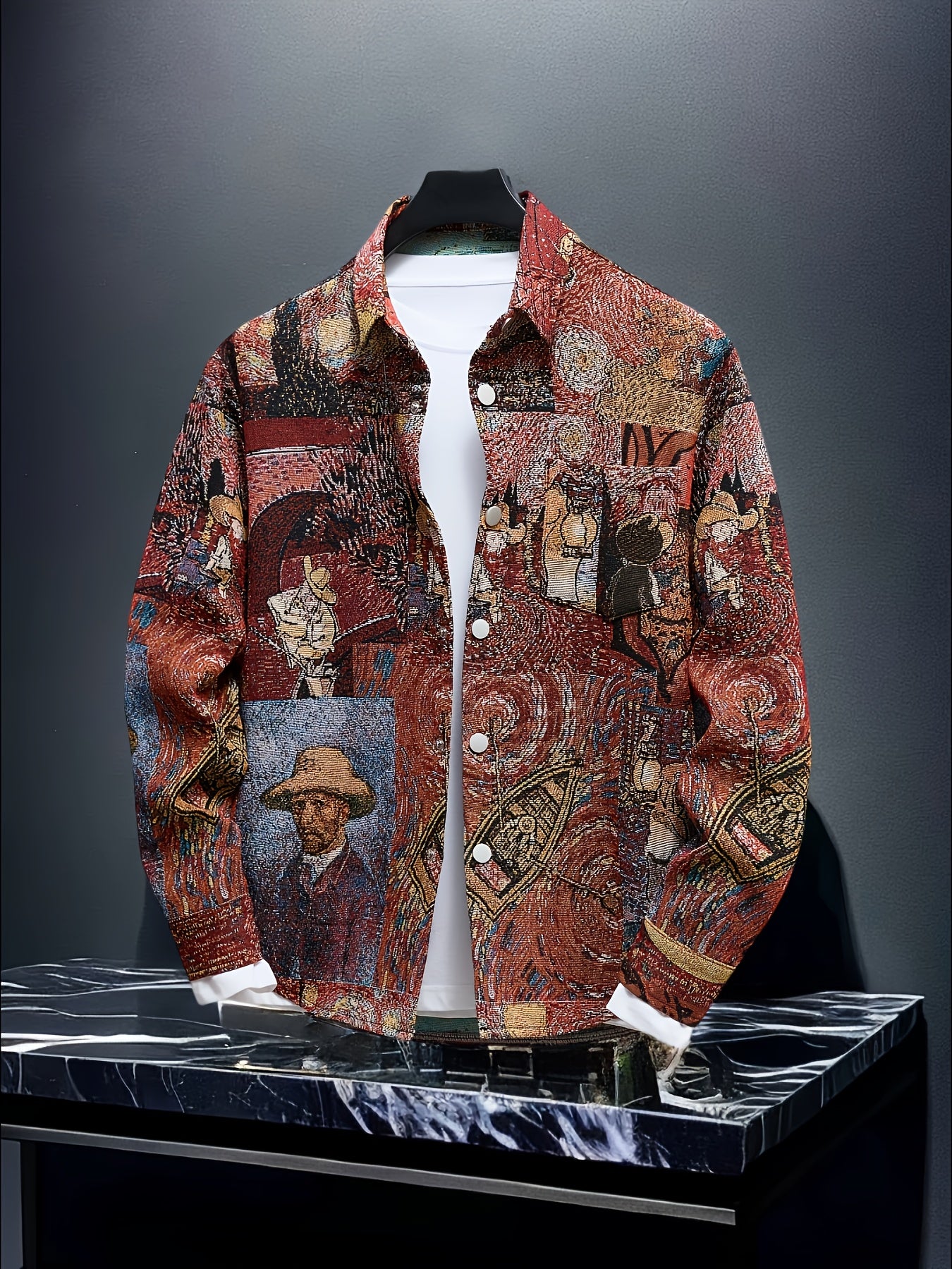 Men's slim-fit long-sleeve shirt - Van Gogh-inspired art buttons top, suitable for both formal and casual wear, machine washable polyester suit alternative - an ideal gift for art enthusiasts, street-style fashion outfit, ver