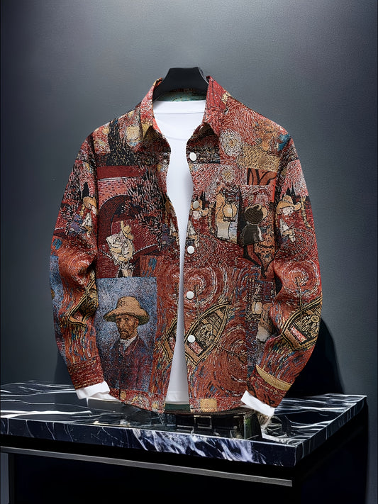 Men's slim-fit long-sleeve shirt - Van Gogh-inspired art buttons top, suitable for both formal and casual wear, machine washable polyester suit alternative - an ideal gift for art enthusiasts, street-style fashion outfit, ver