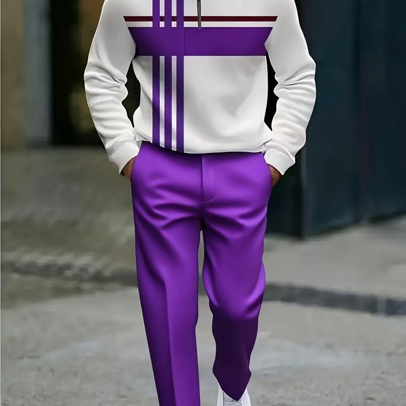 Men's Stylish Two-Piece Suit with Zipper Details - White Long-Sleeve Shirt & Purple Pants, Casual All-Season Wear, Perfect for Parties, Vacations, and Daily Commuting, Casual Attire|Zipper Detail Shirt|Slight Stretch Fabric