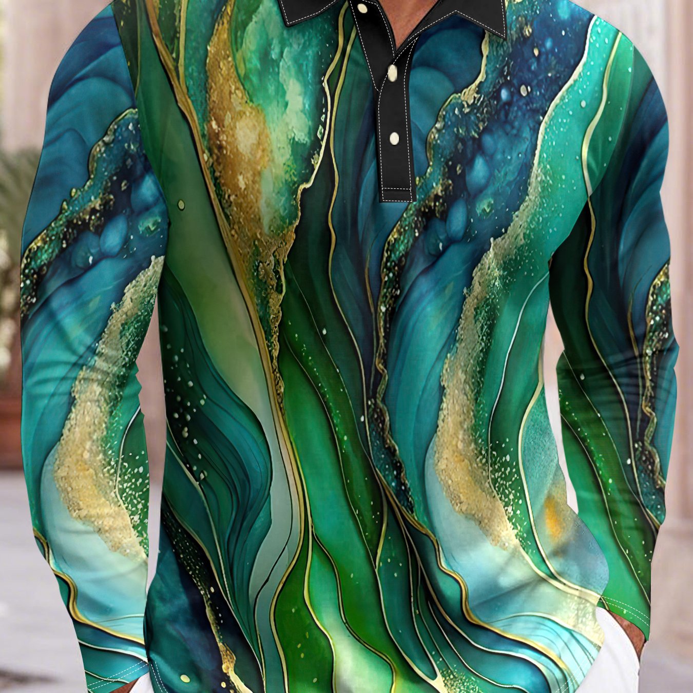 Men'S Elegant Marble Pattern Shirt - Lightweight Breathable Long Sleeve Formal & Casual Shirt, Black & Golden Swirls, Regular Fit for Office, Parties, Golf - All-Season Business & Everyday Attire for Men & Teens, Marble Print