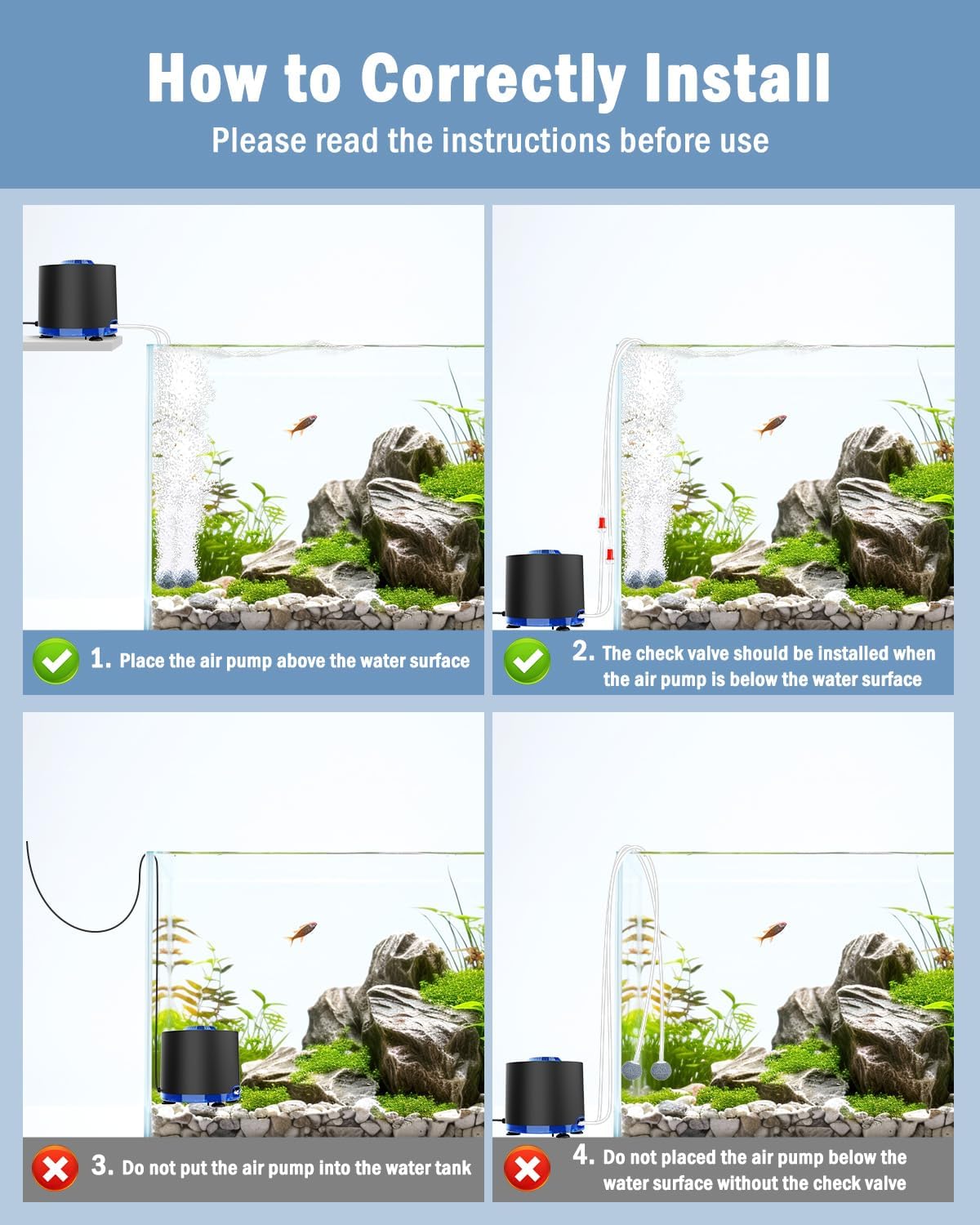 AQQA Aquarium Air Pump, Quiet Powerful Fish Tank Air Pump 3W/6W/10W with Stainless Steel Dual Outlet, Adjustable Oxygen Aerator Pump with Air Stone Bubbler for Fish Tank Up to 200 Gallon 3W (Tubby)