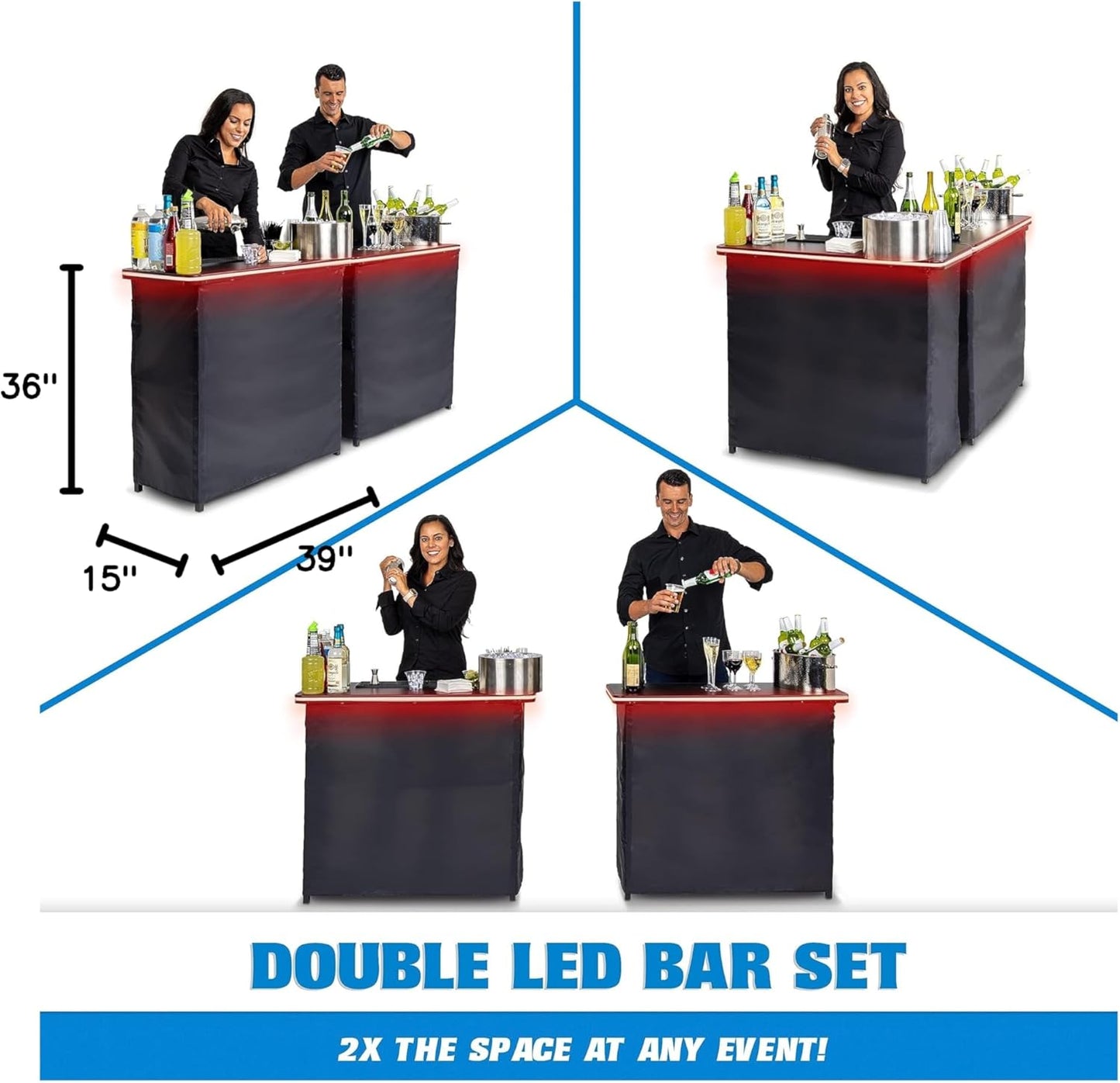 Gobar Portable Double Bar Table Set With Multi-Color Led Lights - Mobile Bartender Station For Events - Includes Carrying Case