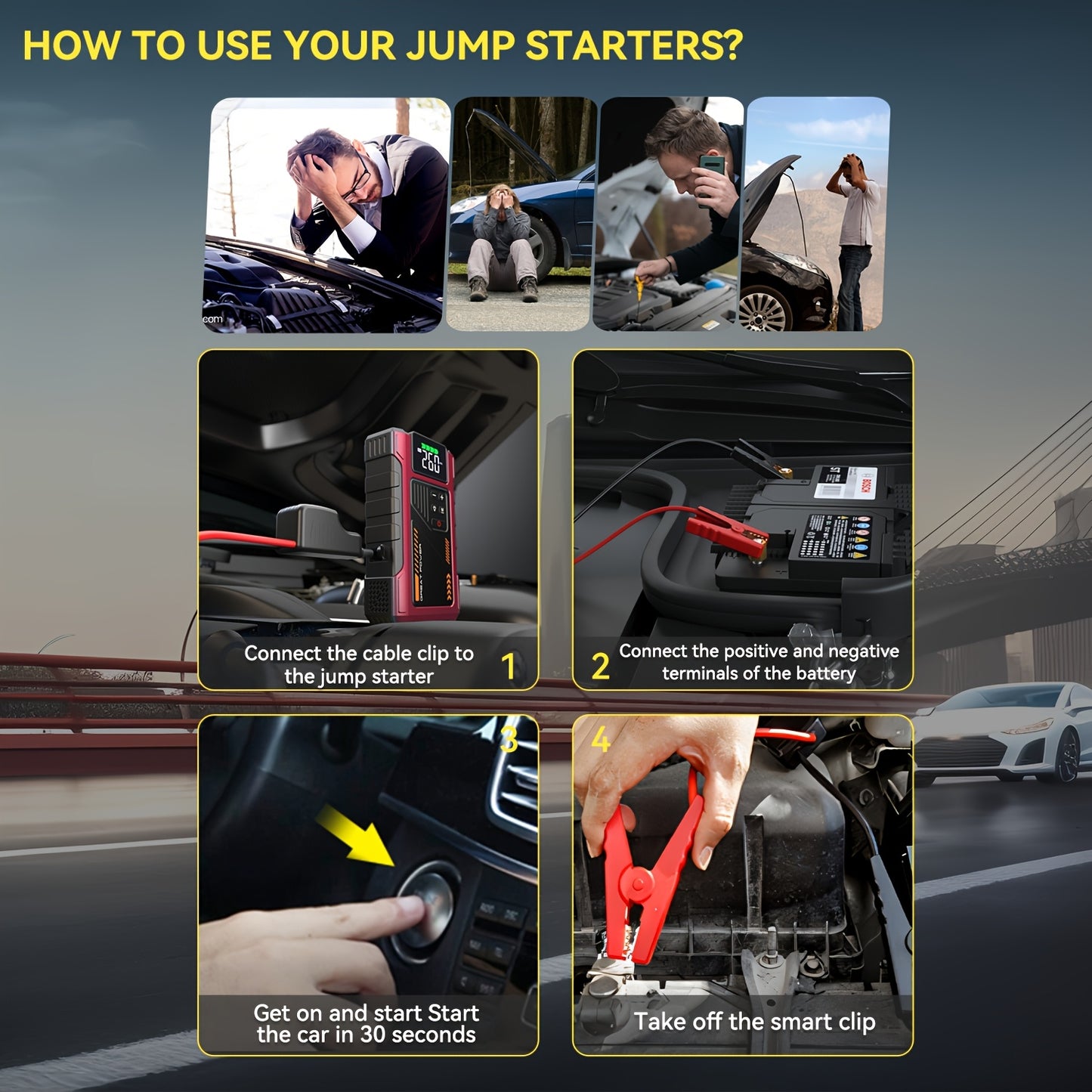 Portable Car Air Compressor & Jump Starter with LED Emergency Light, 3000A Peak Power, 12V for Gas/Diesel Engines, USB Input/Output, Digital Tire Inflator, Red, Insulated Material, Fast Charging, Car Accessories Tools, Vehicl