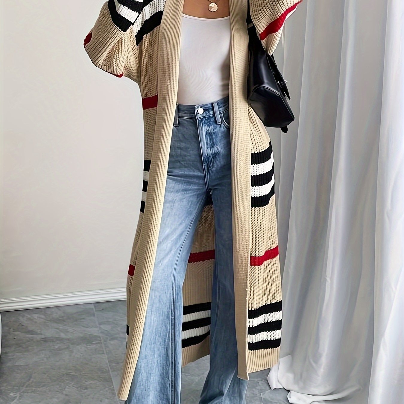 European and American Long Striped Sweater Loose Color-Block Versatile Cardigan Coat