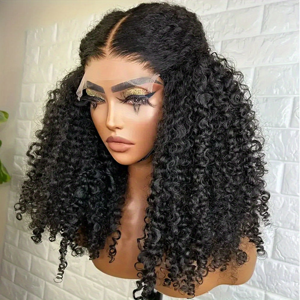 200% Density Brazilian Afro Curly Lace Closure Wig - 4x4 Transparent Pre-Plucked Human Hair Wig for Women, Natural Black, Voluminous Kinky Style, Full Coverage for Everyday Glamour, Everyday Glamour Look | Natural Hairline Wi