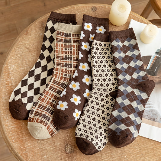 5 Pairs Of Retro Mid Tube Socks, Diamond Grid Trendy Socks, British Style Men'S Socks